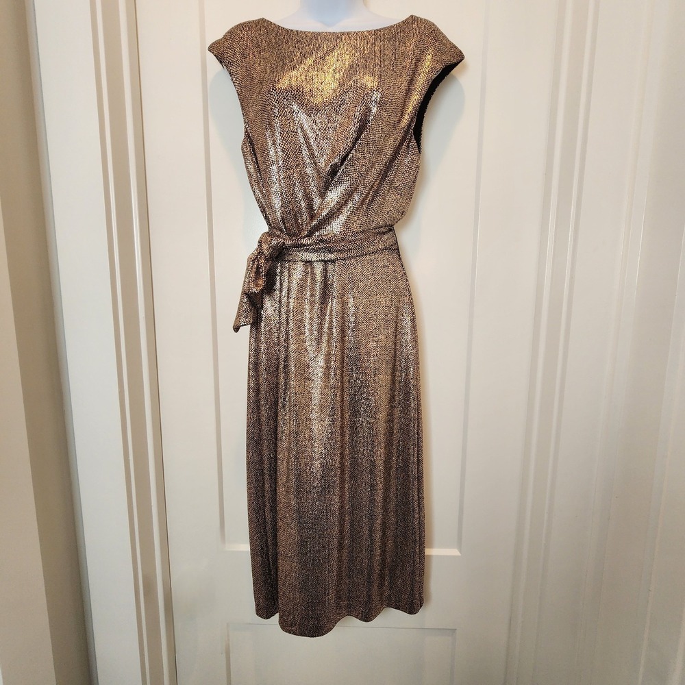 Tahari Metallic Bronze Faux Wrap Dress 8 Cap Sleeve Cocktail Quiet Luxury Glam - Picture 2 of 16